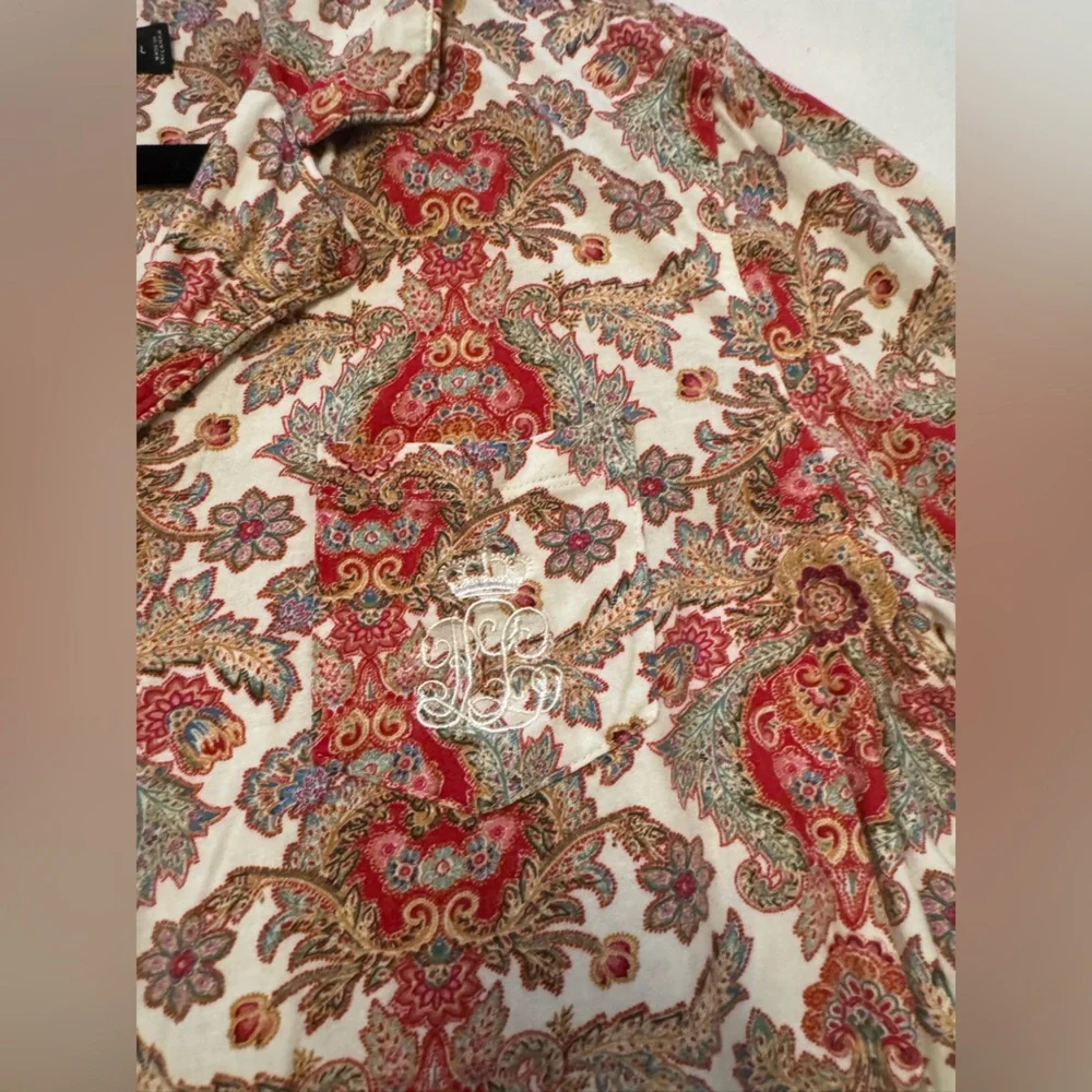 $50 Ralph Lauren Women Ivory Graphic Print‎ Long Paisley-Print Pajama Top Size L